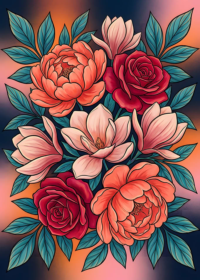 Floral Arrangement with Roses and Magnolias