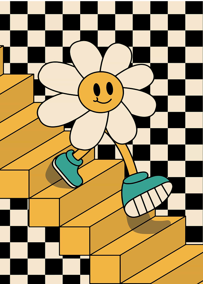Cartoon Flower Walking Down Stairs