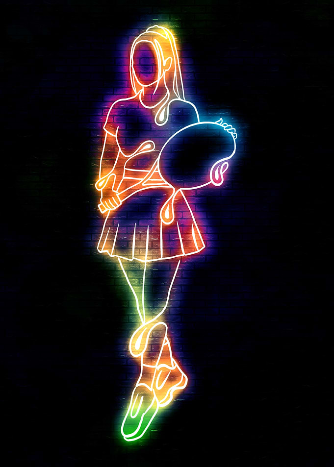 Neon women paddle on Brick Wall