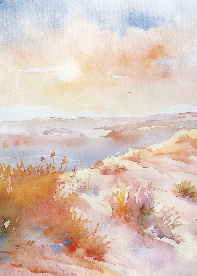 Watercolor Landscape with Sunset
