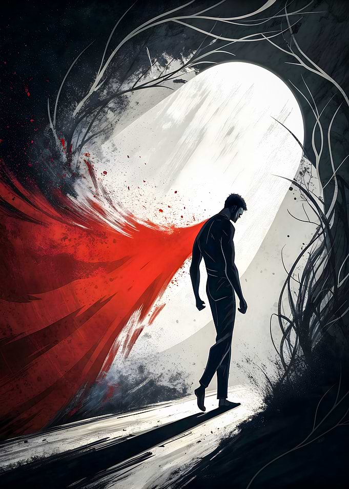 Silhouette Man Walking Through Abstract Landscape