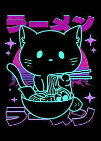 Neon Ramen Cat Poster, Vaporwave Japanese Art Print, Retro Anime Kitchen Wall Decor