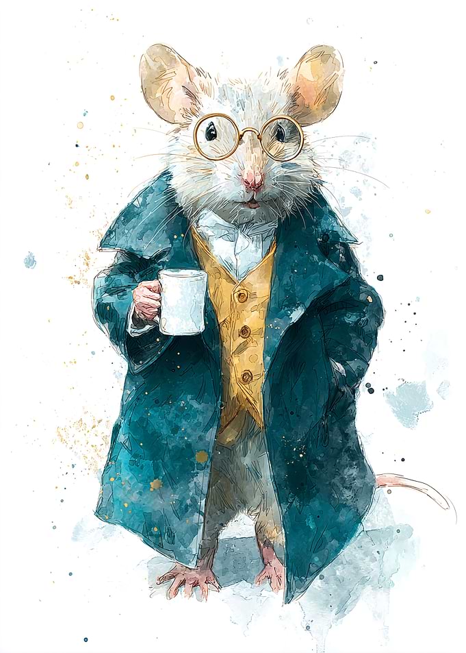 Mouse in Coat with Coffee Cup
