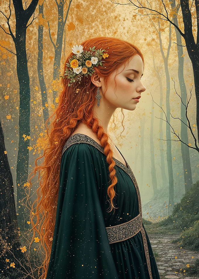 Red-haired woman in forest, autumn