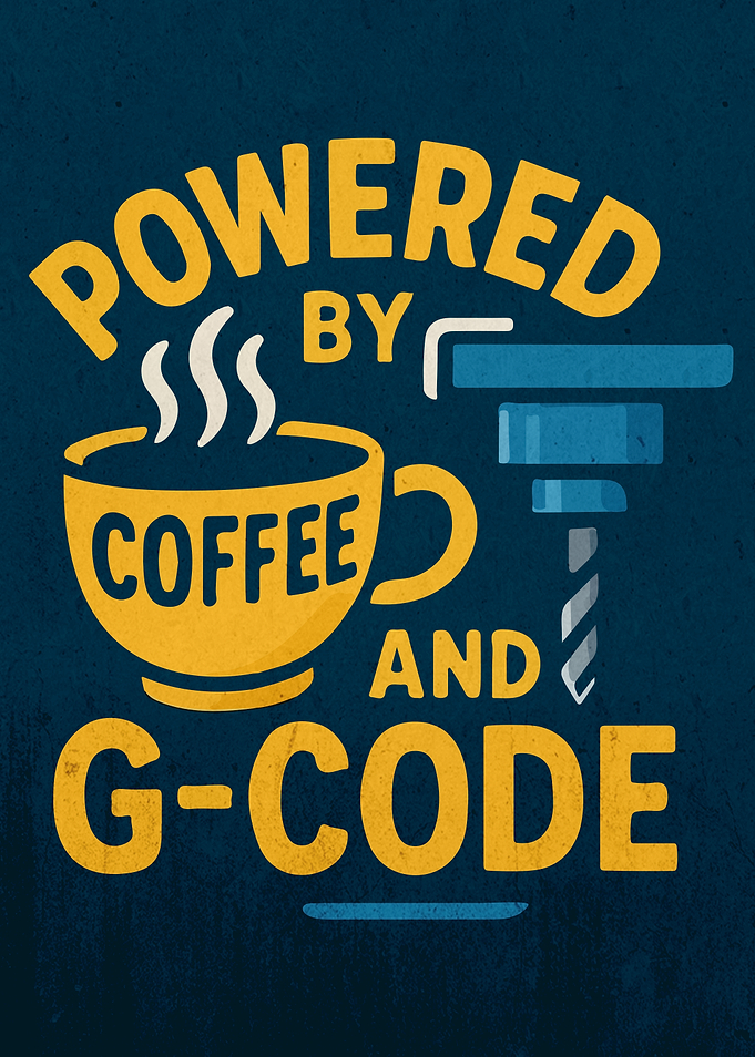 Vintage CNC machine joke ' Powered by Coffee and G-Code '