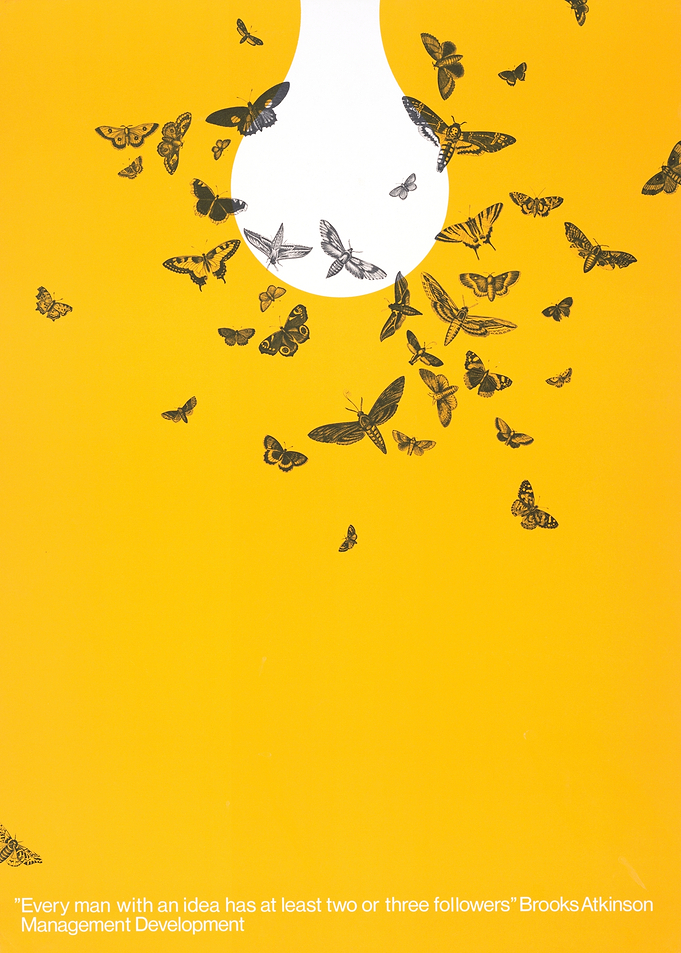 Butterflies around a lightbulb on yellow background