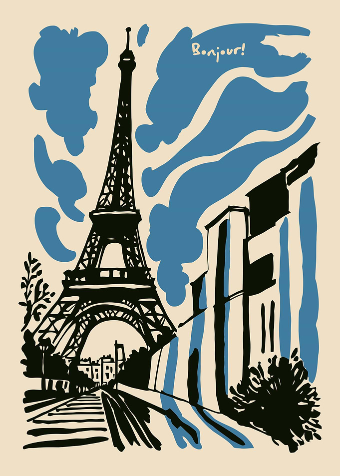 Eiffel Tower Illustration with Bonjour Text