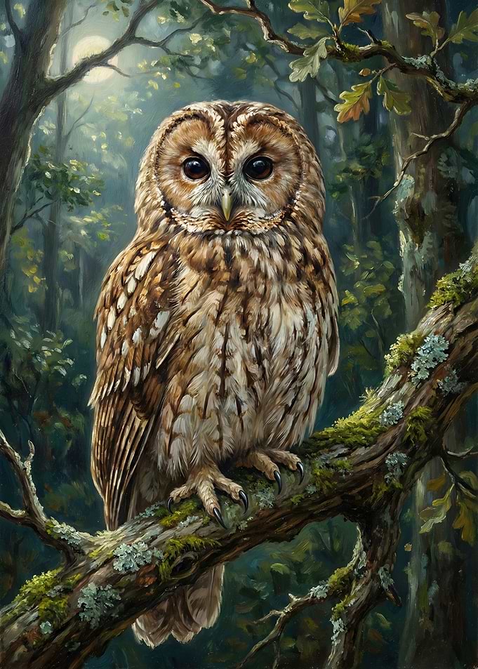 Owl Perched on Branch in Forest