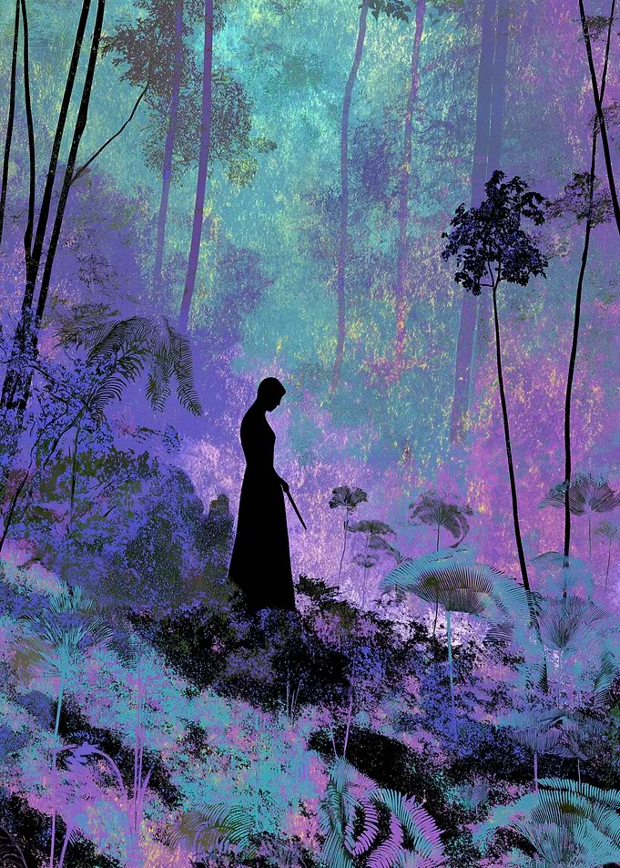 Silhouette in a vibrant forest landscape