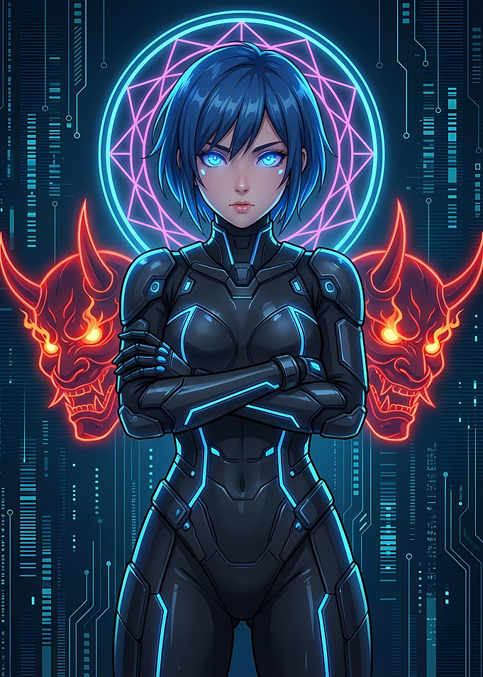 Cyberpunk Girl with Oni Masks