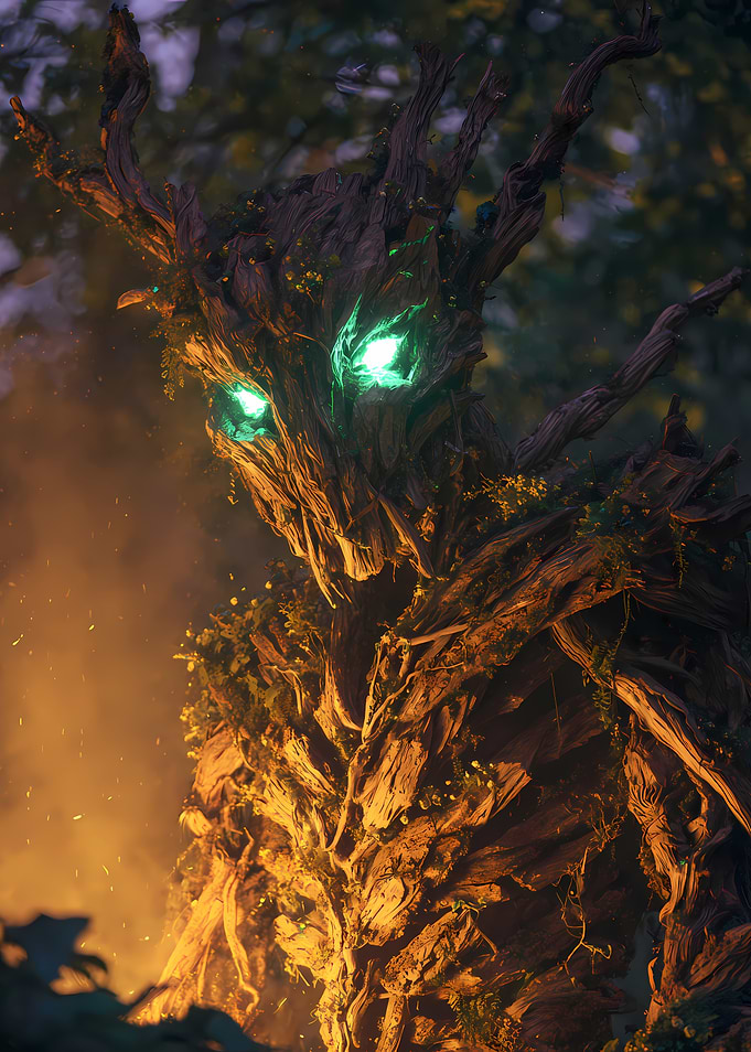 Mystical Tree Creature with Glowing Eyes