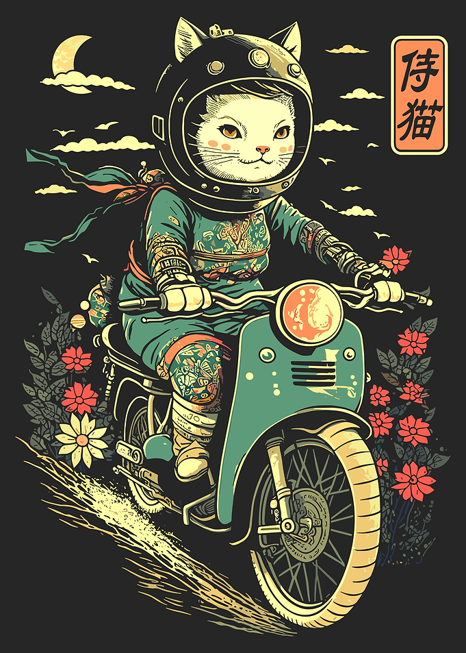 Samurai Cat Poster, Cute Cat Riding Scooter Art, Teal Japanese Illustration Wall Print