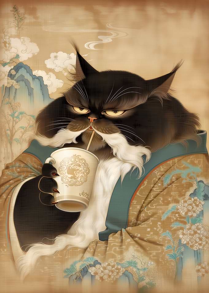 Zen Black Cat Sage Drinking Coffee