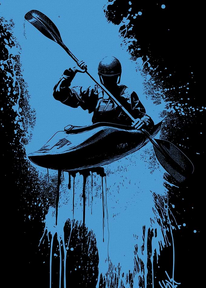 Kayaker in Action, Blue and Black