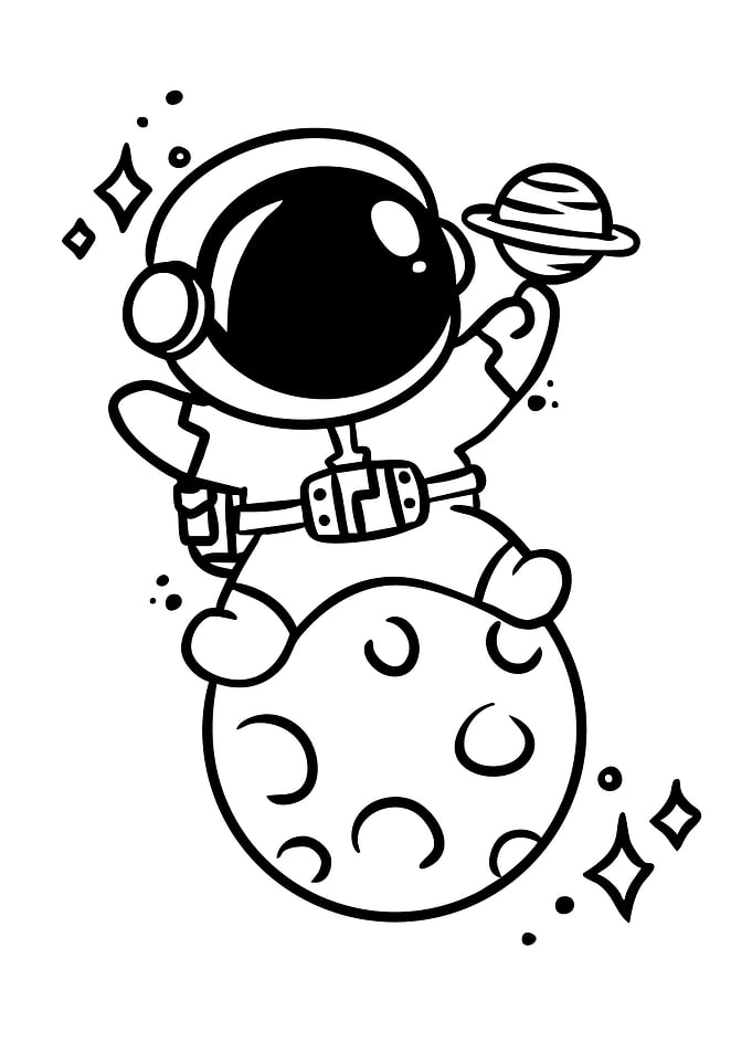 Cartoon Astronaut on Moon with Planet