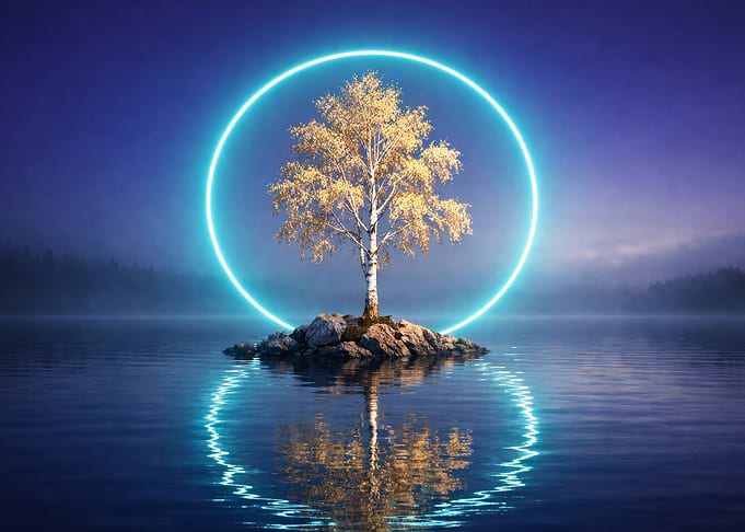 Neon Circle Tree Island Reflection