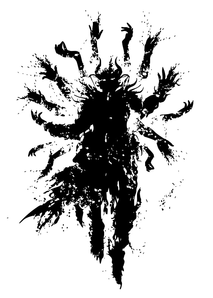 Silhouette of a horned, multi-armed figure
