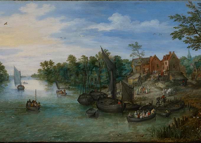 River Scene with Boats and Village