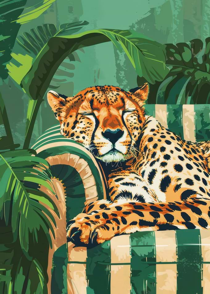Sleeping Cheetah on Striped Couch