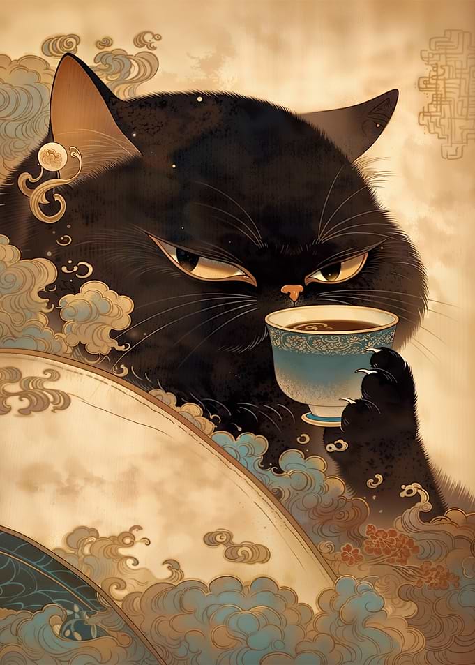 Japanese Black Cat Drinking Coffee