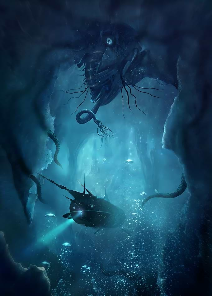 Underwater Exploration with Submarine and Creature