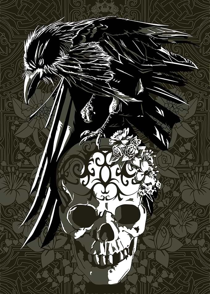 Raven Perched on Skull