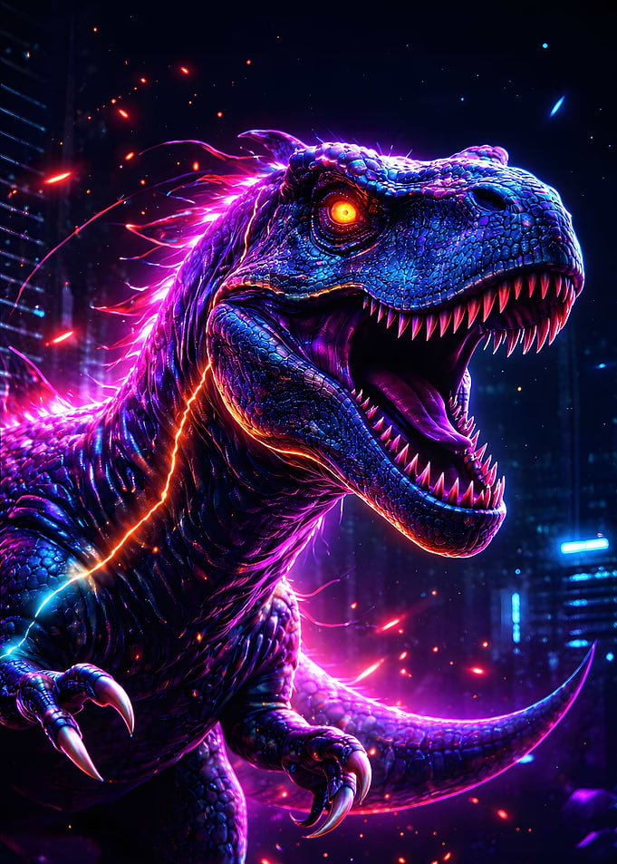 Cyberpunk Dinosaur in Cityscape