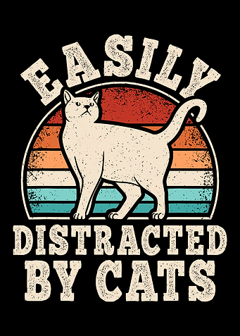 Easily Distracted By Cats Poster, Retro Cat Wall Art, Funny Kitten Lover Illustration Print