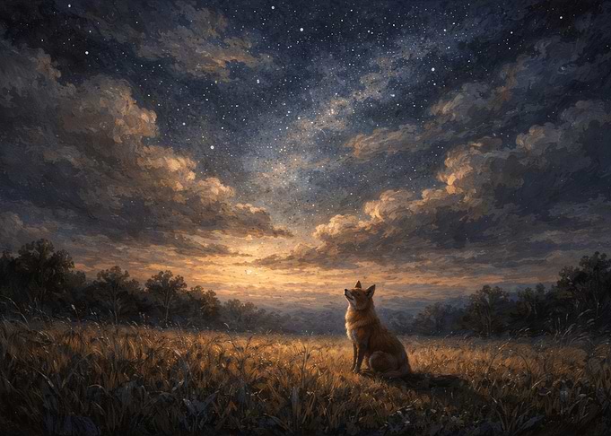 Fox under starry night sky painting
