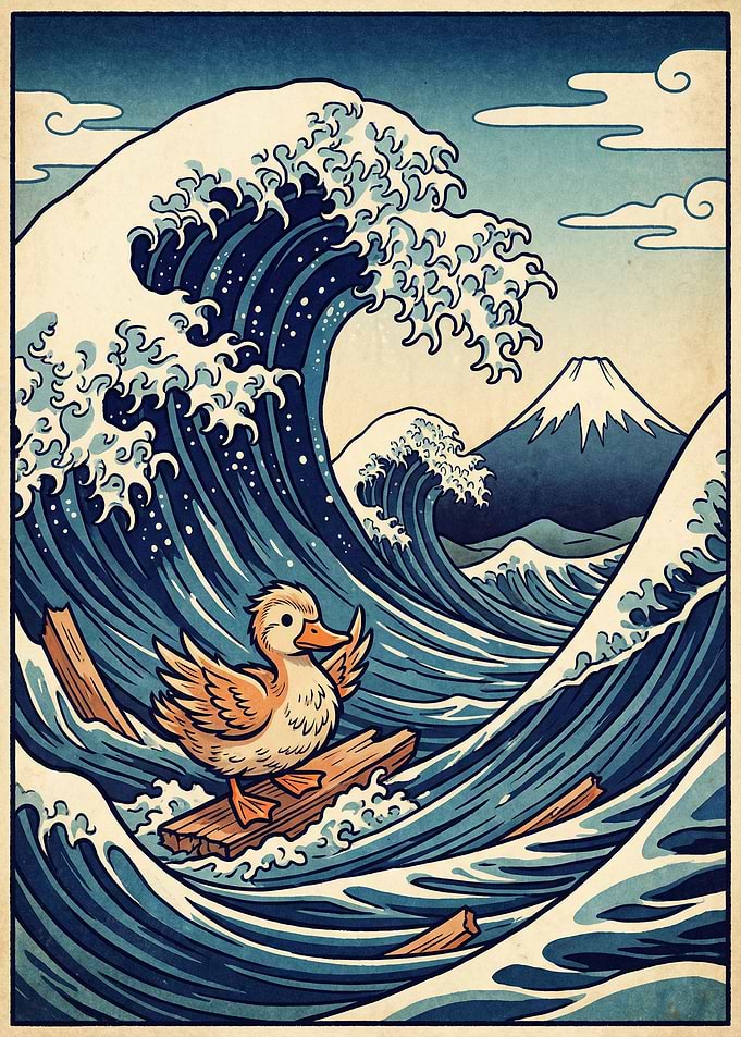 Duck on Raft in Great Wave