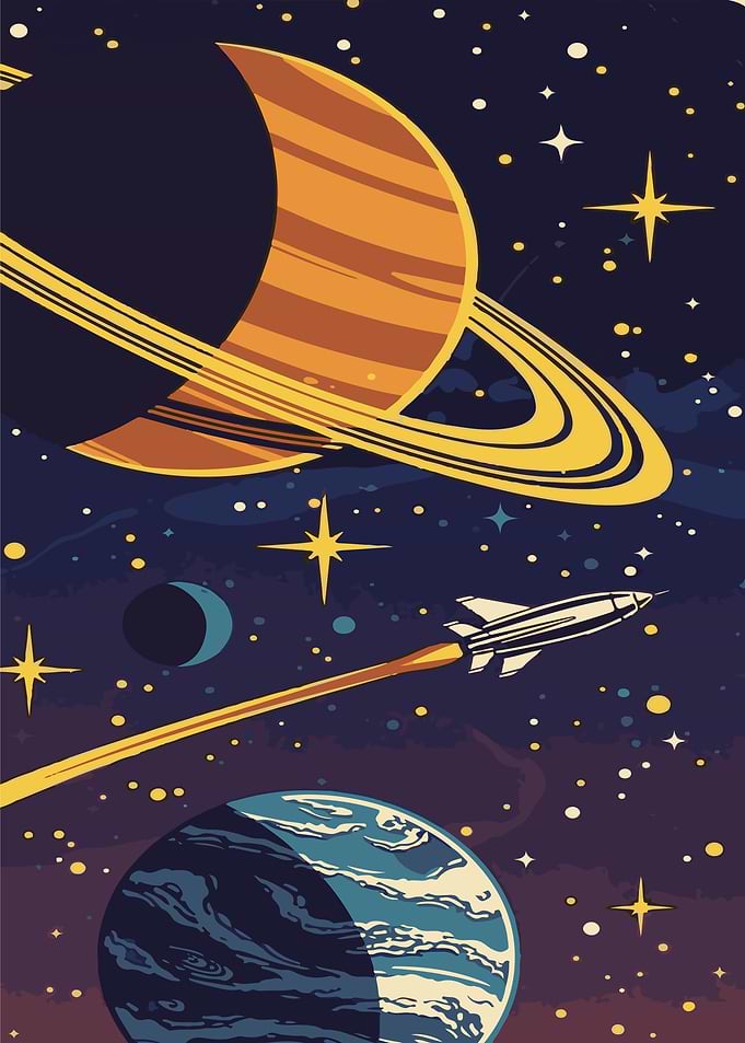 Retro Space Rocket and Planets