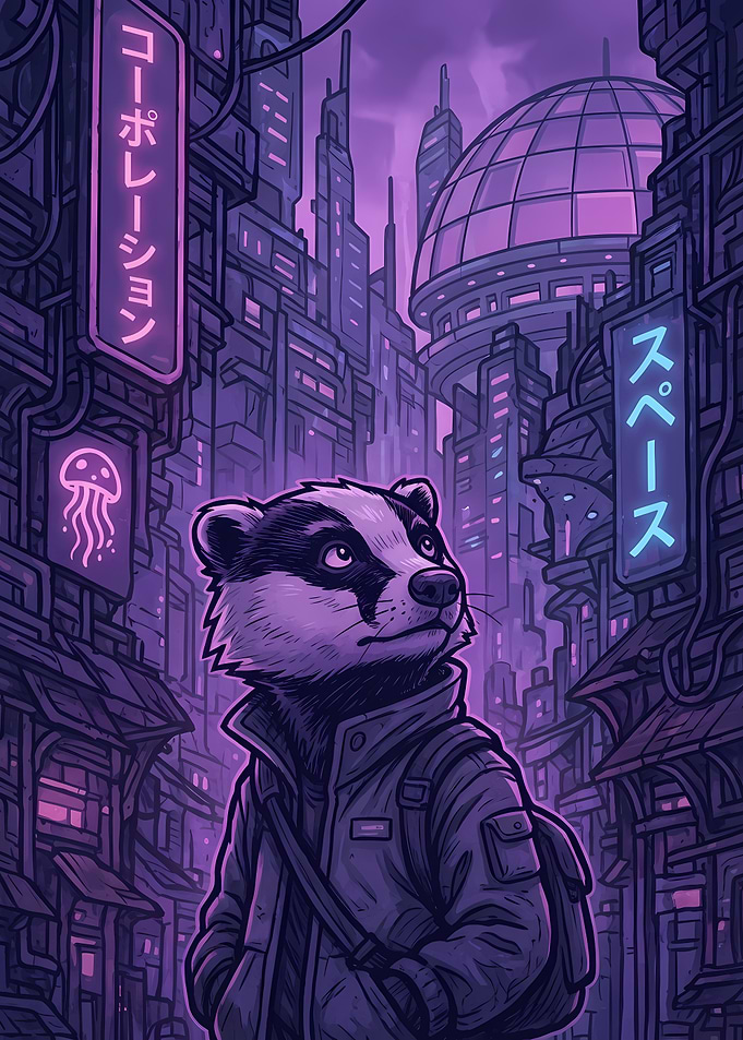 Cyberpunk Badger in Futuristic Cityscape