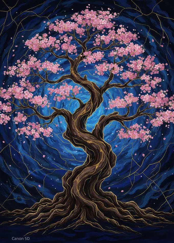 Cherry Blossom kintsugi Tree Against Blue Background