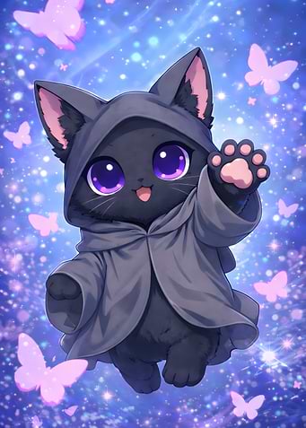 Cute Black Cat with Butterflies