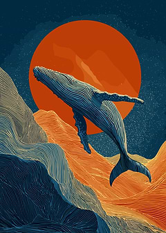 Whale soaring over abstract landscape