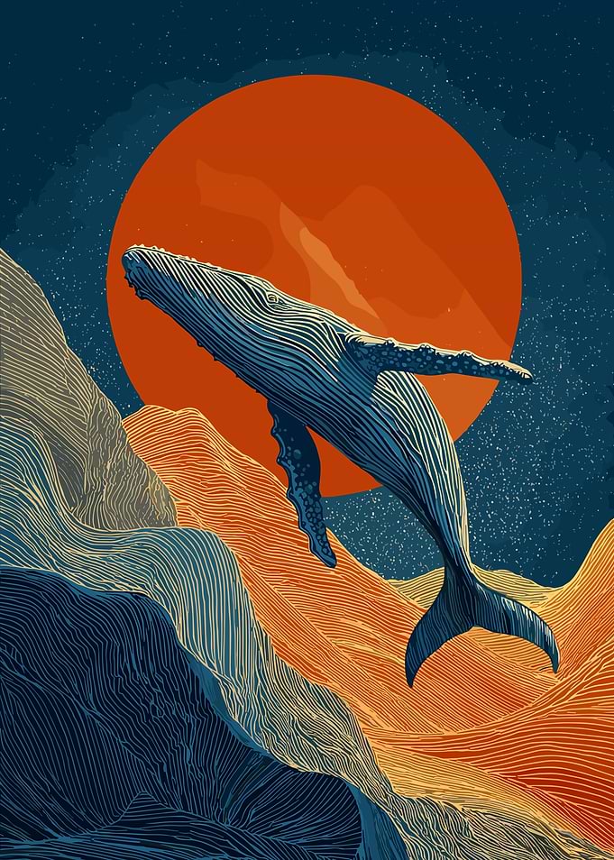 Whale soaring over abstract landscape