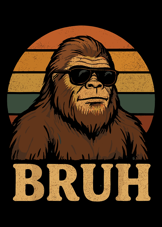Bigfoot Bruh Poster, Retro Sunset Sasquatch Wall Art, Funny Cartoon Creature Print