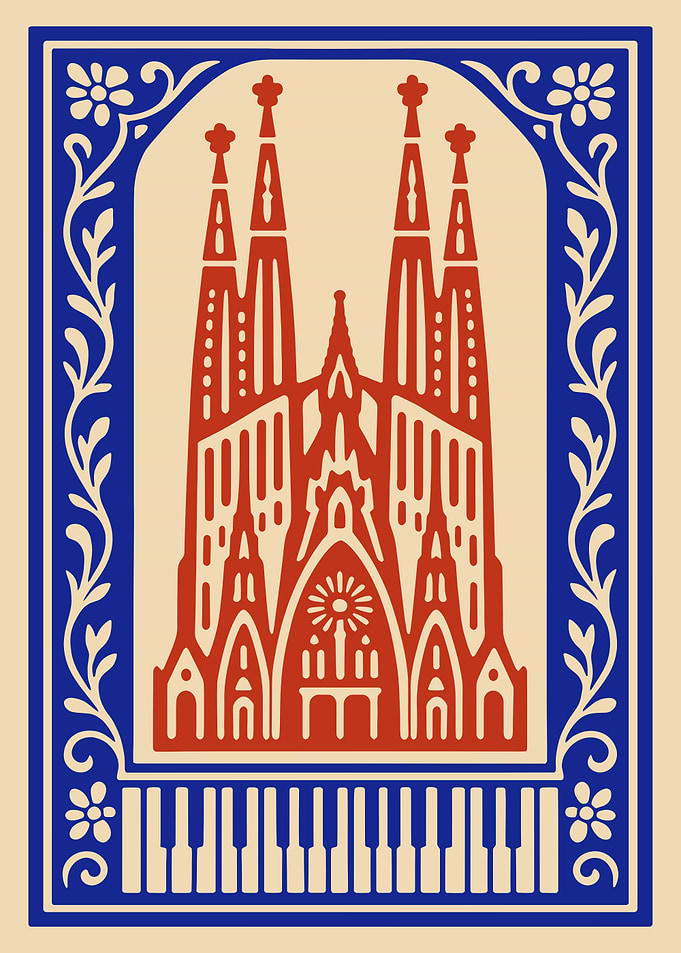 Sagrada Familia Illustration with Floral Border
