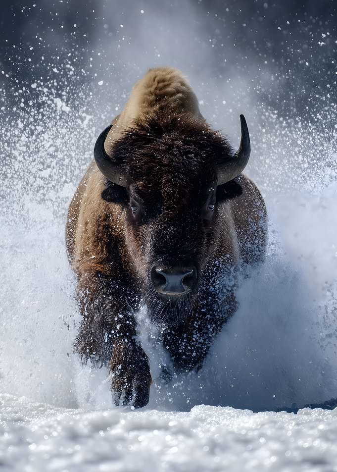 Charging Bison in Snow