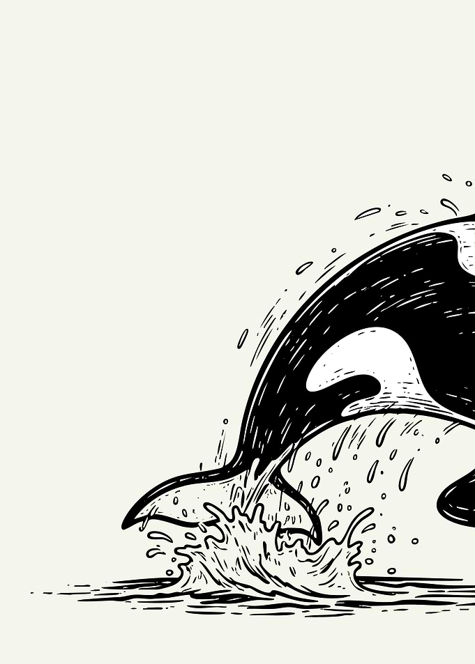 Orca breaching water, black and white