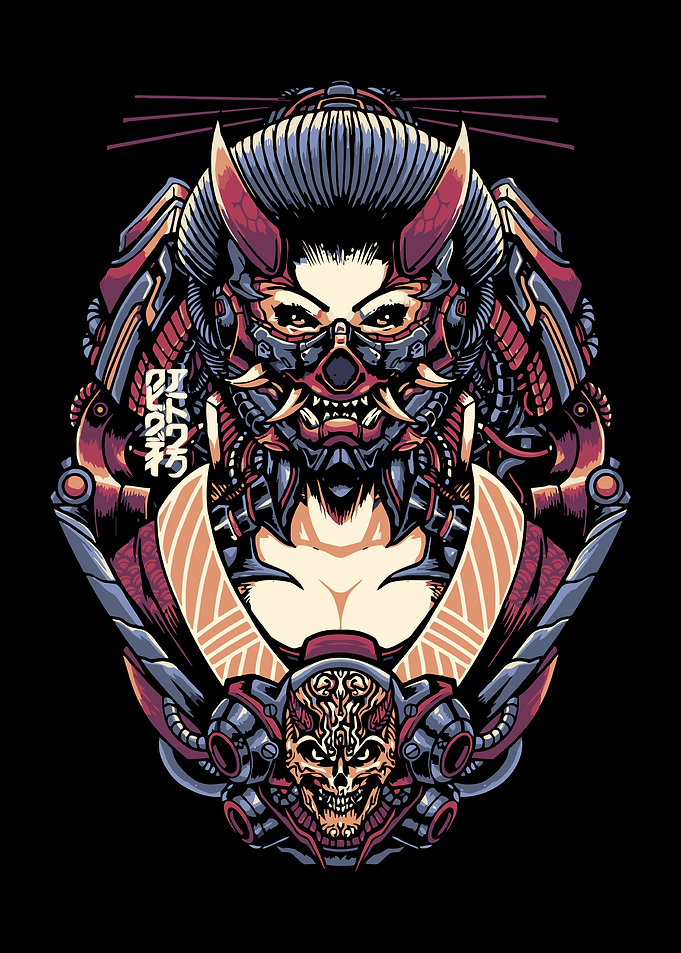 Cyberpunk Geisha with Oni Mask Illustration