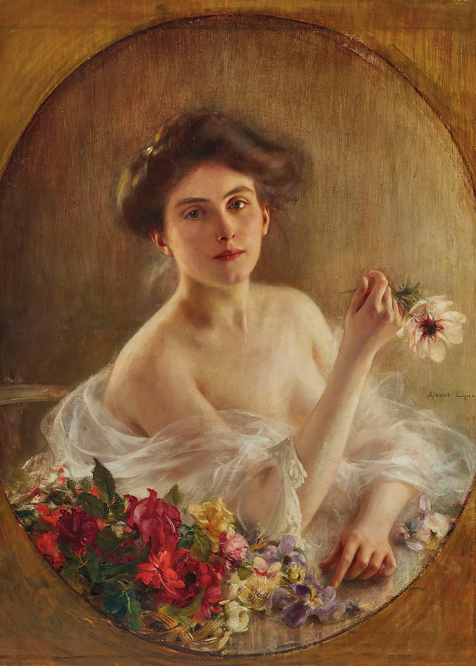 Albert Lynch painting of a woman with flowers