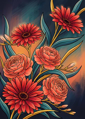 Floral arrangement with red and peach flowers