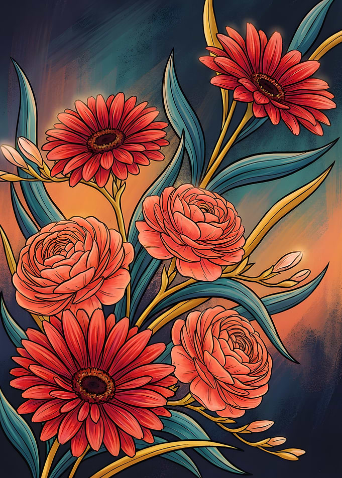 Floral arrangement with red and peach flowers