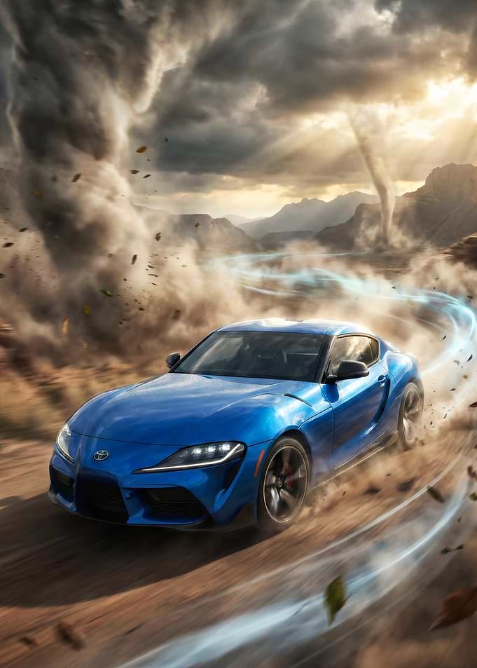 Blue Toyota Supra mk5 with Tornado Backdrop