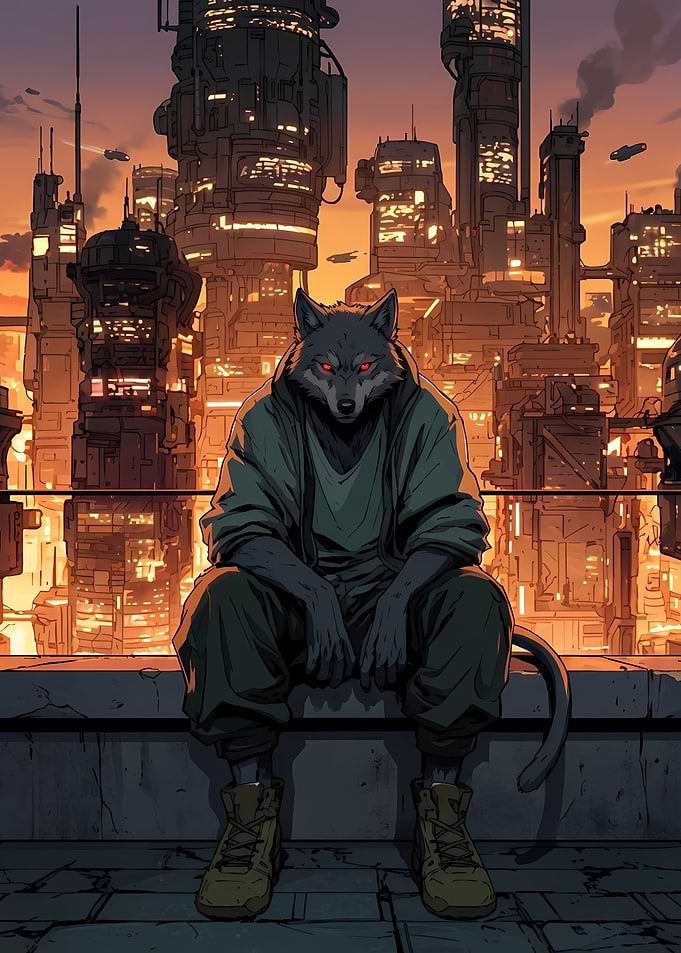 Cyberpunk Wolf on Rooftop