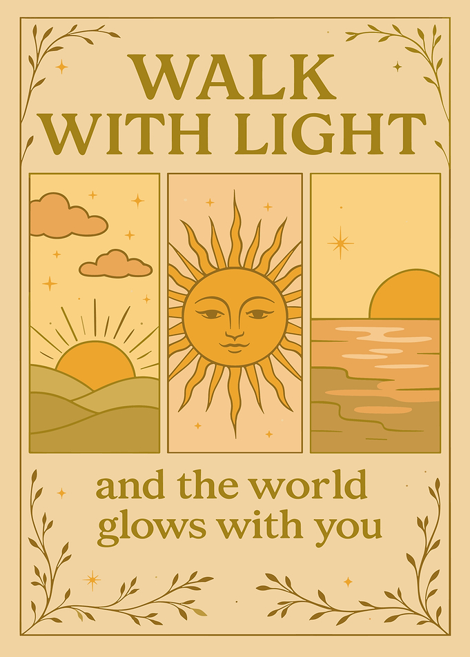 Walk With Light Poster, Sun Illustration Wall Art, Inspirational Quote Beige Art Print