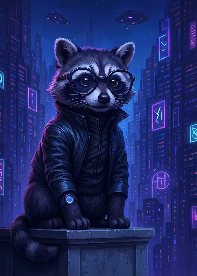 Cyberpunk Raccoon in Futuristic Cityscape