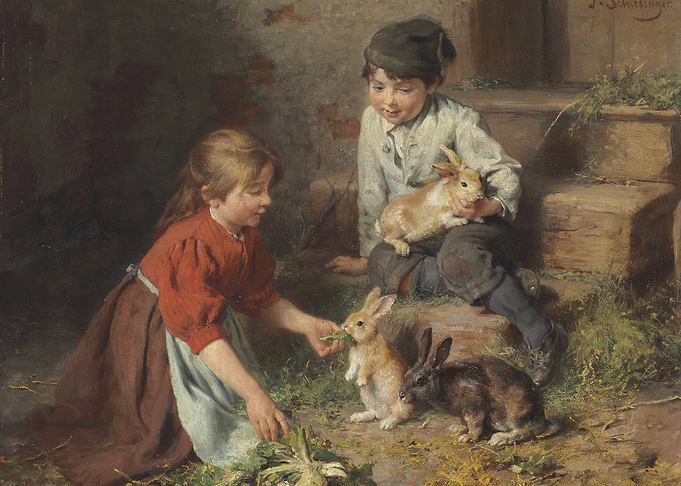 Children Feeding Rabbits Painting