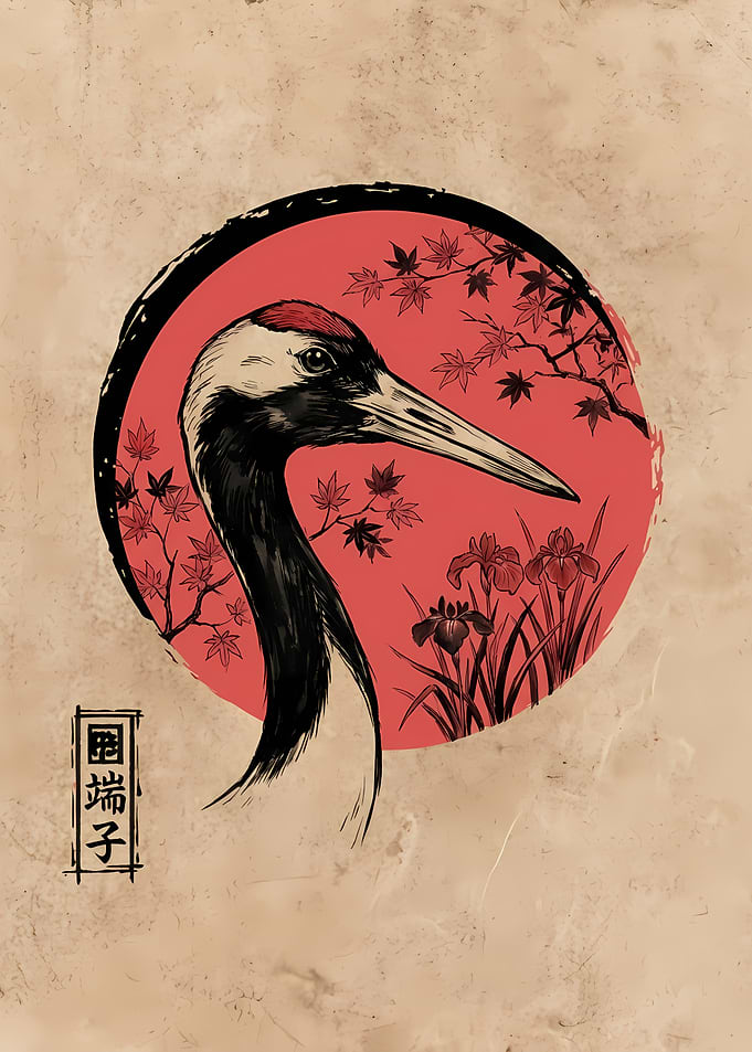 Japanese Crane Art with Maple Leaves